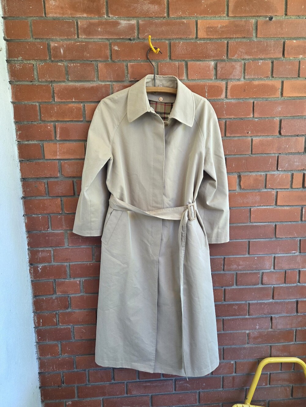 Vintage Renoir Donna Beige Trench Coat Plaid Lined Burberry Style US Size M